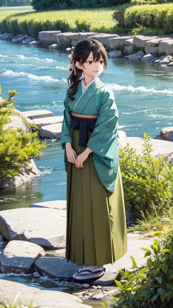 Landscape Wisdom: 、hakama、beautiful girl、A very wide river、Chikuma River、Pure flow of water、Girl standing on the riverbank、Bust up images