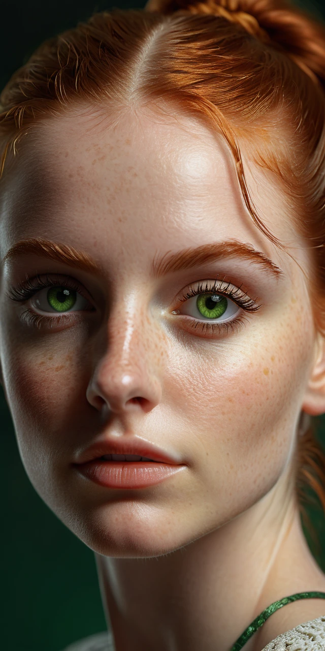 beautiful detailed eyes, beautiful detailed lips, extremely detailed eyes and face, long eyelashes, gorgeous woman in her 20s, short ginger hair tied in a ponytail, natural green eyes, intricate detailed portrait, realistic, photorealistic, photo-realistic:1.37, best quality, 8k, highres, masterpiece:1.2, ultra-detailed, realistic lighting, cinematic composition, dramatic lighting, warm color tones, vibrant colors, highly detailed skin and facial features