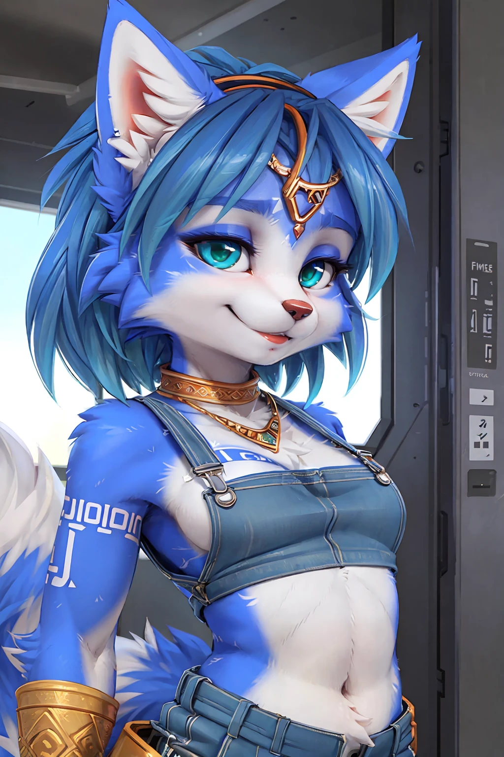 A beautiful and detailed (sweet portrait) wa ((krystal)), Star Fox krystal, sslim, green eyes, medium breasts, (((Long blue hair 1.3))), Decollete, look up, anthro, furry, Uploaded E621, detailed fluffy fur, (wa Fluff-Kevlar, Bayard Wu, personalize me, Pino Daeni), detailed face, (fluffy), 1 girl, alone, sweet girl, blue overalls, Viewers look at, smile,