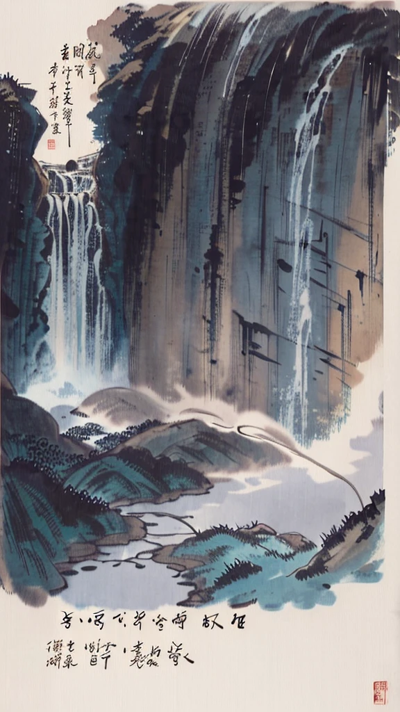 Katsushika Hokusai、vague、Mont、cliff、waterfall、Splash、Rock surface、forest、bamboo forest、Ink and watercolor、Light tones、Large brush letters、Chinese Text、Ink Painting、calligraphy,、Chinese character、Fading of Japanese paper、Washi paper folds Solar terminology