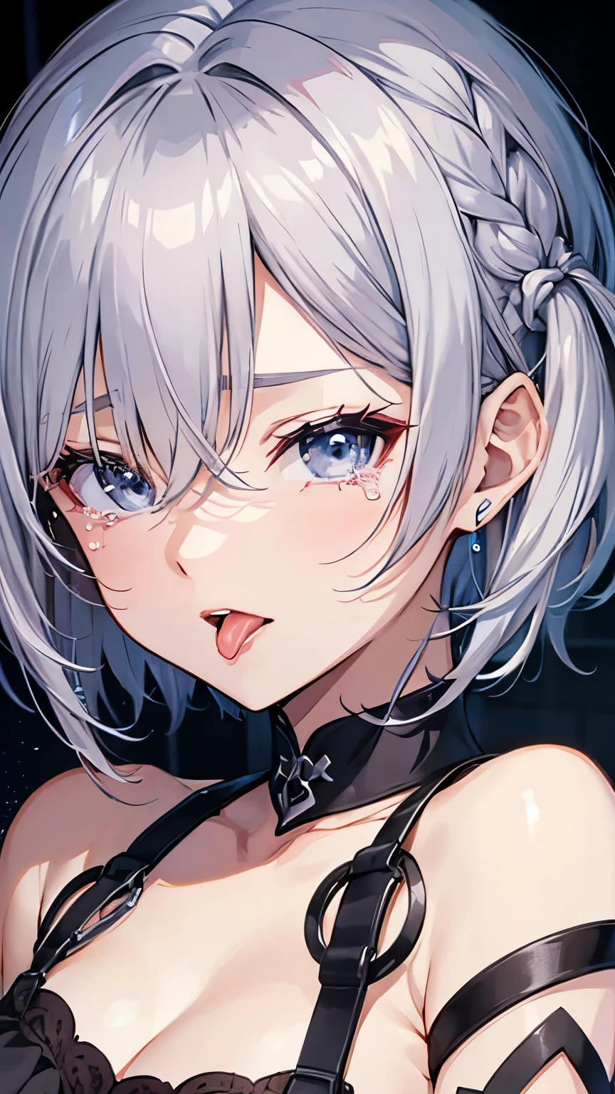 whole body、Woman with tongue out、tears、Silver hair short cut、Anime Style