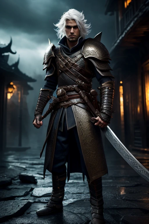 a 22-year-old man, 1.76 meters tall, short white hair, dragonborn race, rogue with a katana, full body, realistic, detailed portrait, masterpiece, ultra-detailed, cinematic lighting, dramatic pose, high quality, intricate details, sharp focus, vibrant colors, fantasy character, dynamic action, moody atmosphere, atmospheric setting, dramatic lighting, powerful expression, heroic stance