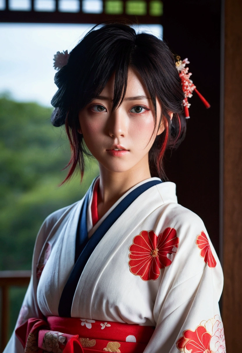 beautiful, masterpiece, best quality, Extremely detailed face, Perfect lighting, 1 Girl, Solitary, Makai Ryuko, Japanese clothes, kimono, short kimono, Cowboy shooting