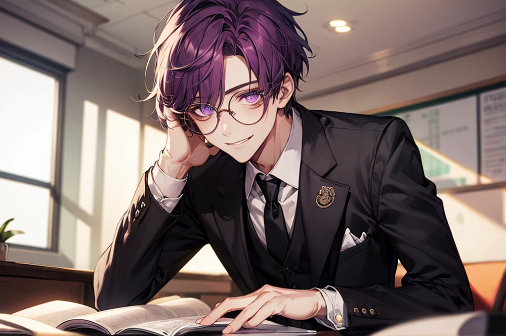men's,short detailed hair,violet colored hair,(Eye 1:2,Clear eyes,Elaborate Eyes,Delicate pupils,Good eyes,eye detailed),Face Focus,Adult,In black suit,best qualtiy,facial detailing,Classroom,sit on desk,sitting in the couch,lazy,Detailed background,diffuse sunlight,depth of fields,Studying Smiling at your desk, violet eyes,black gloves, round glasses, long sleeves,violet hair, smile,