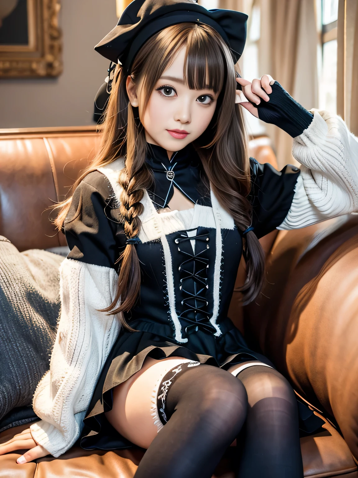 masterpiece, Highest quality, One Girl, (beautiful girl, cute:1.3), (:1.3), Extremely fine resolution, (Symmetrical eyes:1.3), (Sit on the sofa), (Gothic Lolita, Knee-high socks, zettai ryouiki:1.3), Small breasts, Brown eyes, Parted bangs, Brown Hair, A light smile, (Eye and facial details:1.0)