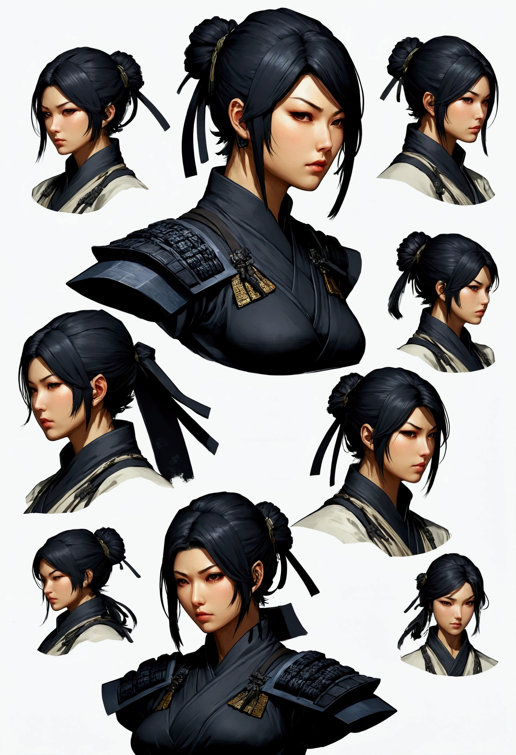 Female ninja、Short detailed hair、Japanese、Black Hair、Large Breasts、Beautiful girl、Multiple Concept Designs、Concept design sheet、White background、Yoji Shinkawa style、16-bit pixel art --s 750 --niji 5