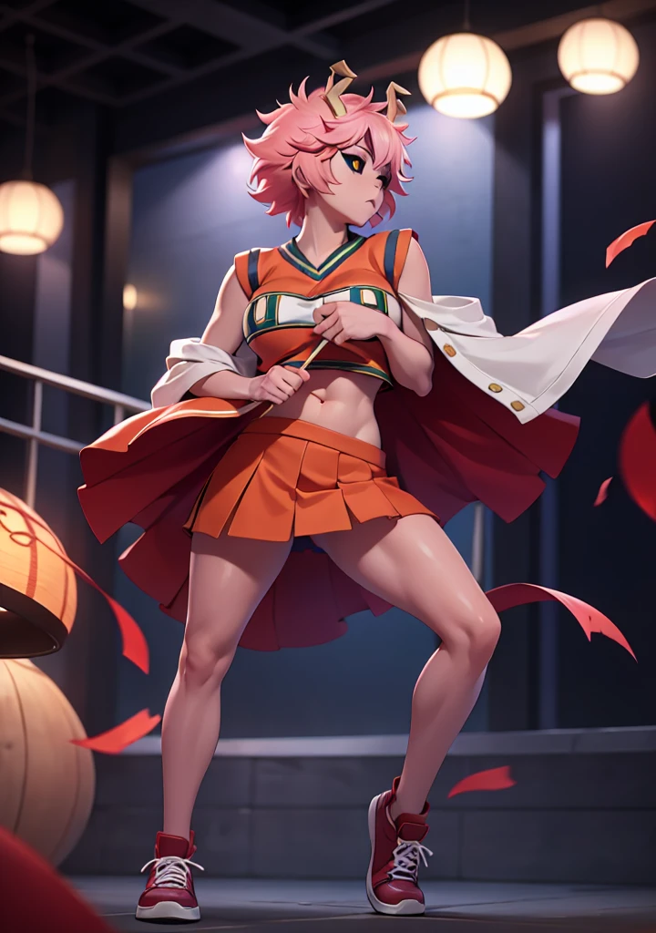 mina ashido, 1girl, solo, looking at viewer, short hair, simple background, yellow eyes, pink hair, horns, colored skin, colored sclera, black sclera, pink skin, U.A. CheerUniform, orange skirt, (bare belly), perfect shading, bare shoulders, big breasts