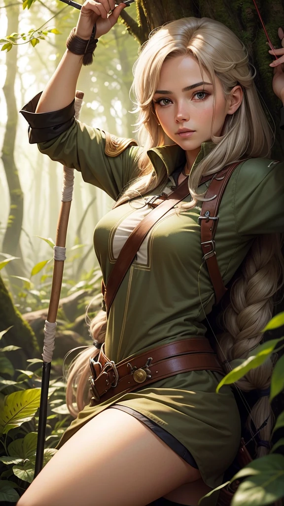 A female archer with with hair in a dense forest