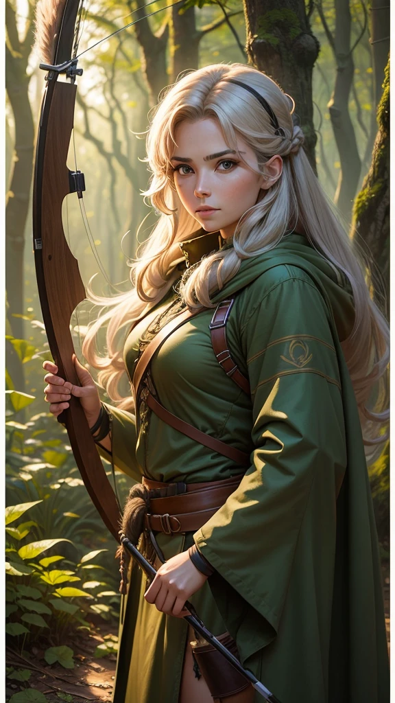 A female archer with with hair in a dense forest