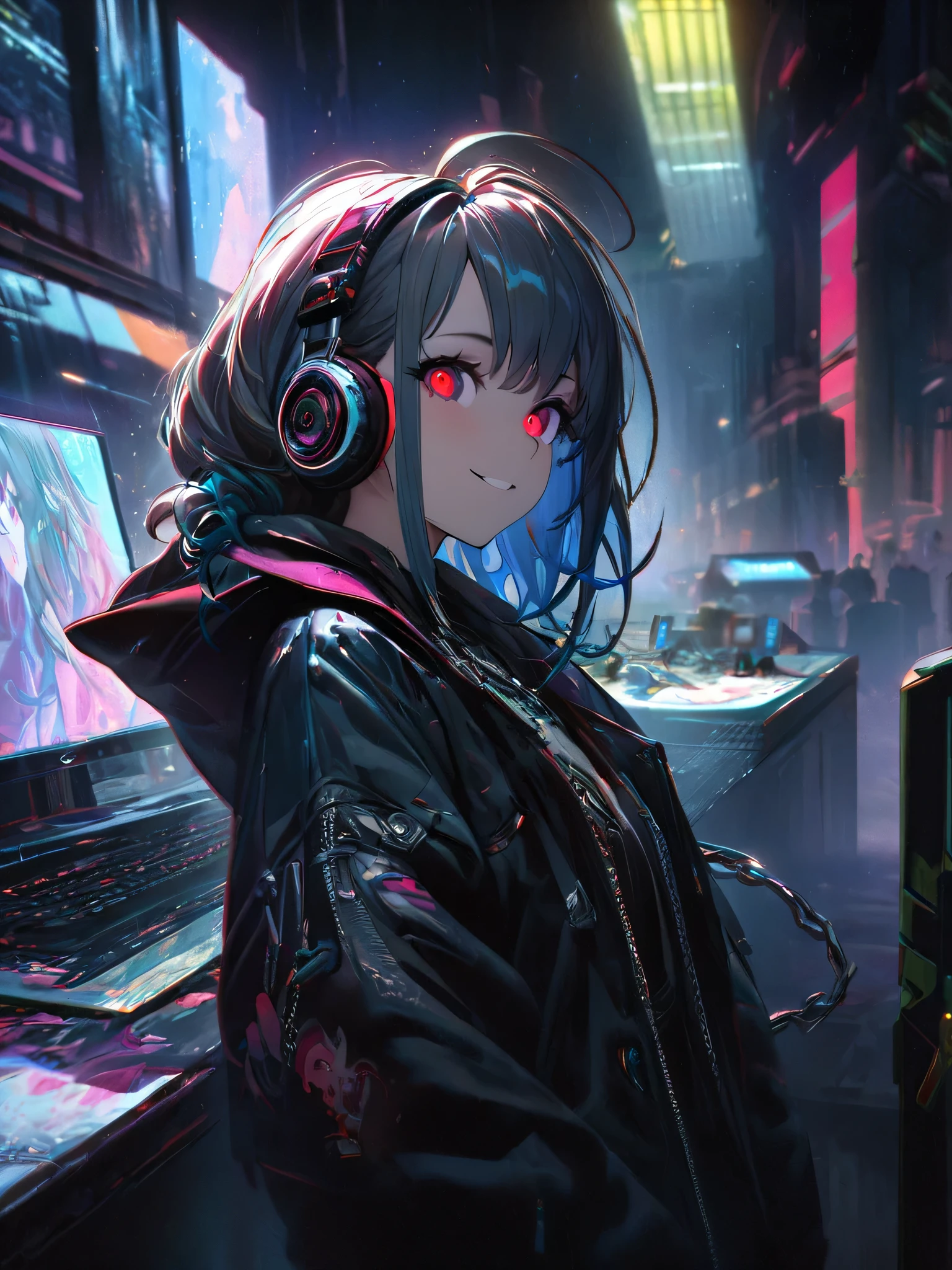 1 girl, chromatic aberration, Written boundary depth, Soft Light, masterpiece, Highest quality, complicated, Tone Mapping, Very detailed, Art Station, Concept Art, Smooth, Clear focus, Dramatic lighting, Very detailed artwork, movie, super practical painting, Art Station's trending, 8k, Incredible Shadows, practical, (Very detailed background:1.0), whole body, View, Viewers, Very detailed portrait of one girl 1, standing on street corner, Heavy rain and lightning、Dark Sky, neon and cyber punk background, she is dressed in punk clothing with silver chains and silver spikes, Her hair was dyed a bright equatorial color..,The middle part is also equatorial colored., She is wearing headphones, Detailed red eyes with clear pupils, Ominous aura of light, smile, punk, ciber punk, Backlight.Her hair is neatly tied up.、Announcer talking about horses'tail、Eye color is brown、