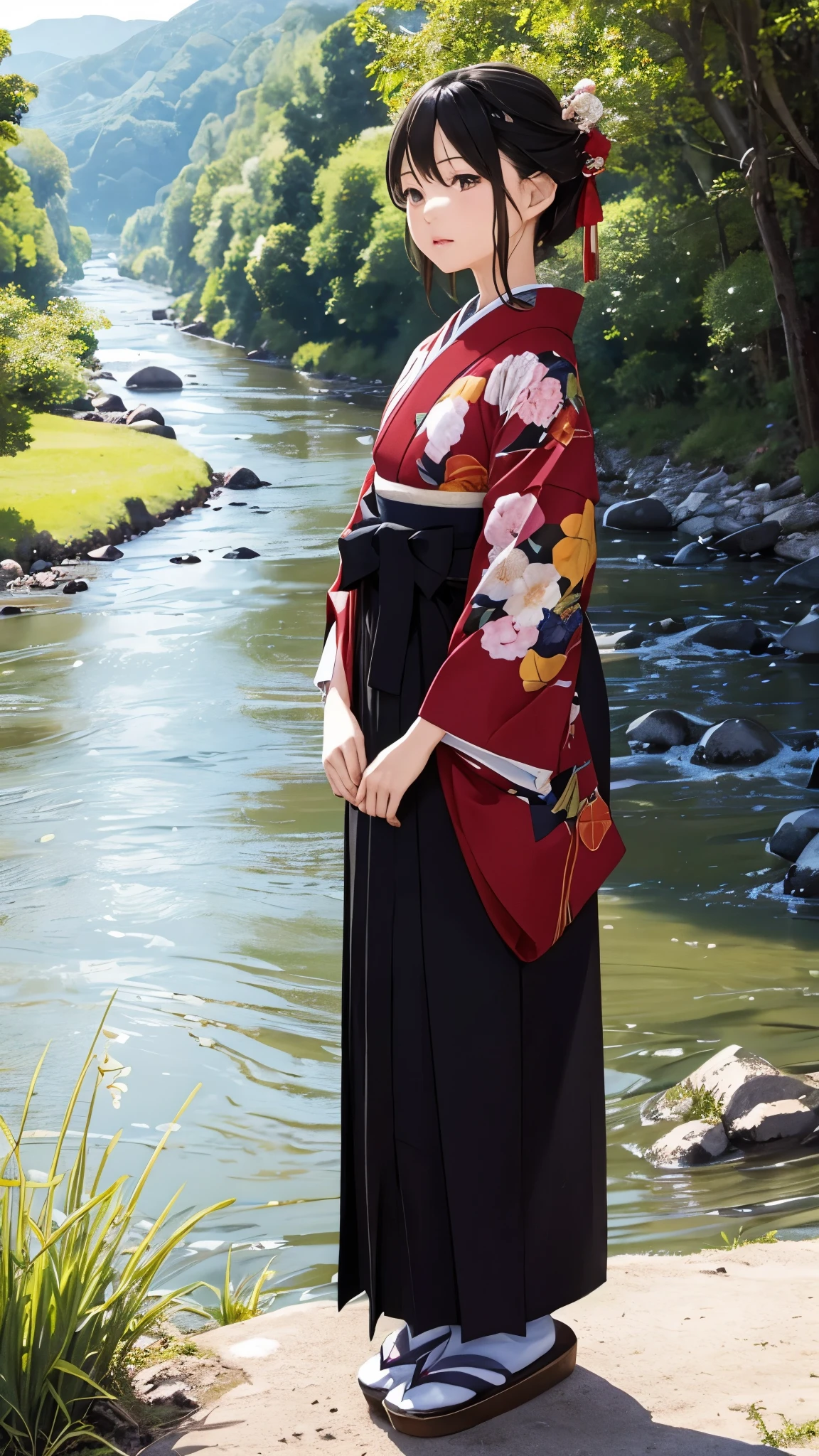 Landscape Wisdom: 、hakama、beautiful girl、A very wide river、Chikuma River、Pure flow of water、Girl standing on the riverbank、Bust up images
