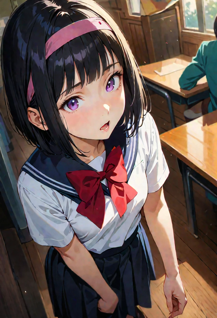 8k, highest qualthaty, masterpiece, Very detailed, Ultra-high resolution, Realistic, RAW Photos, Absolute Resolution, face is small compared to body, Very small face, Black Hair, High school girl wearing a navy sailor suthat, Anime 2D Rendering, Realistic若いアニメの女子高生, ((Whthate headband)), Purple eyes, Small breasts, expensive, Slanted Eyes, (School Scene), Black Stockings, Bright colors, Open your mouth, Dark Blue Skirt, Bobcut, posthation looking down from above, that&#39;it&#39;s raining, Holding an umbrella, Please bend your knees, Squat, Back Pose, smile, 