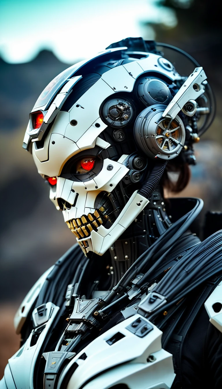 Close-up of a very beautiful girl adorned with robotiec elements, cyberpunk environment, (mysterious) and (brutal) ambiance, mechanized military helmet detail decorated with terminator bones skull.
Photo taken with Canon EOS R5 85mm f/11 Camera, ((sharp)) mode of people and surrounding scenery. Image quality ((8K)), ((lifelike)), ((masterpiece)), ((sharp and highest contrast)), ((great depth of field)), ((light stereolithography)).