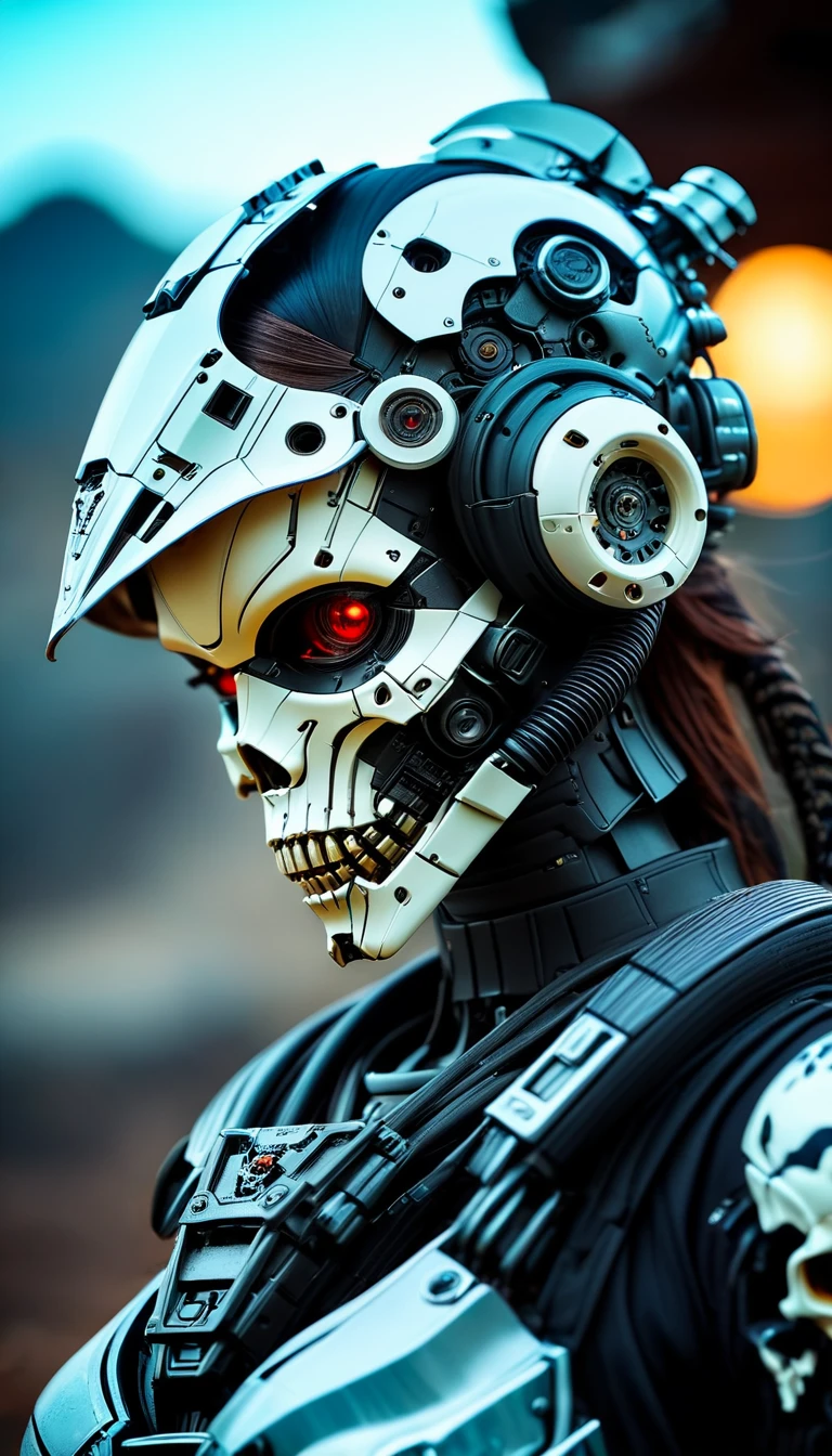 Close-up of a very beautiful girl adorned with robotiec elements, cyberpunk environment, (mysterious) and (brutal) ambiance, mechanized military helmet detail decorated with terminator bones skull.
Photo taken with Canon EOS R5 85mm f/11 Camera, ((sharp)) mode of people and surrounding scenery. Image quality ((8K)), ((lifelike)), ((masterpiece)), ((sharp and highest contrast)), ((great depth of field)), ((light stereolithography)).