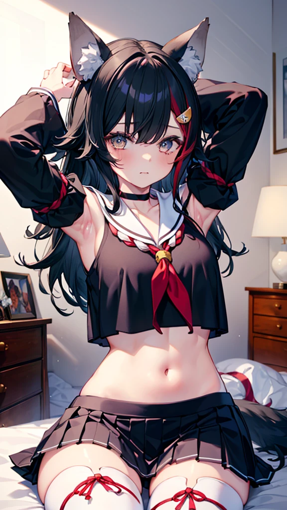 (best quality:1.2), (ultra detailed:1.2),(masterpiece:1.2),(8k:1.2),(miosha1, hair ornament, Wolf tail, red choker, black shirt, sailor collar, detached sleeves, black skirt, pleated skirt, white thighhighs, midriff, Bell, rope),(Blessed,Captivating body、Ultra detailed hands、Ultra-detailed eyes、Ultra-detailed skin、ultra-detailed face,Detailed Background),One Girl、(bedroom,lie down,arms up:1.5),(Embarrassing:1.5),(Watery eye)