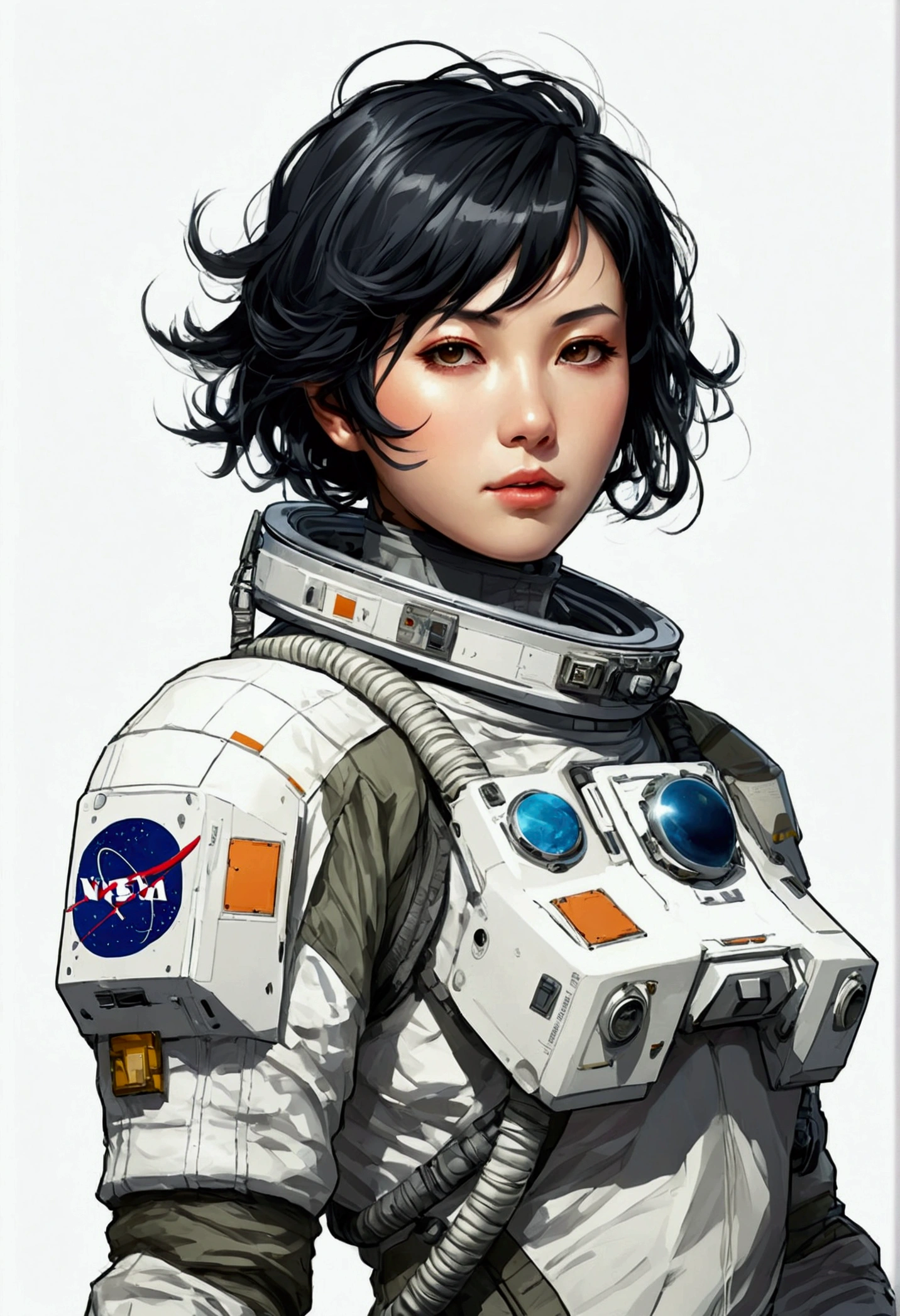 Female astronaut、Short detailed hair、Japanese、Black Hair、Large Breasts、Beautiful girl、Multiple Concept Designs、Concept design sheet、White background、Yoji Shinkawa style、16-bit pixel art --s 750 --niji 5