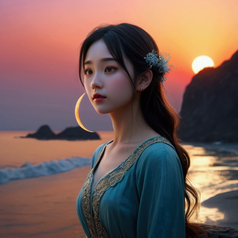 Illustration of a girl holding the moon and gazing at the sea, have a fantastical, dreamlike quality, Mori style, exposed for a long time, Calm face, How to use romantic light, Bright Water, Transcendental art as style. (Highest quality,4K,8k,High resolution,masterpiece:1.2),Very detailed,(Realistic,photoRealistic,photo-Realistic:1.37),High resolution,超High resolution,Studio Lighting,Ultra-fine painting,Sharp focus,Physically Based Rendering,Very detailed説明,Professional,Vibrant colors,Bokeh,Portraiture,landscape,Horror,anime,sf,photograph,Concept Artist,soft and dreamy colors,Romantic lighting