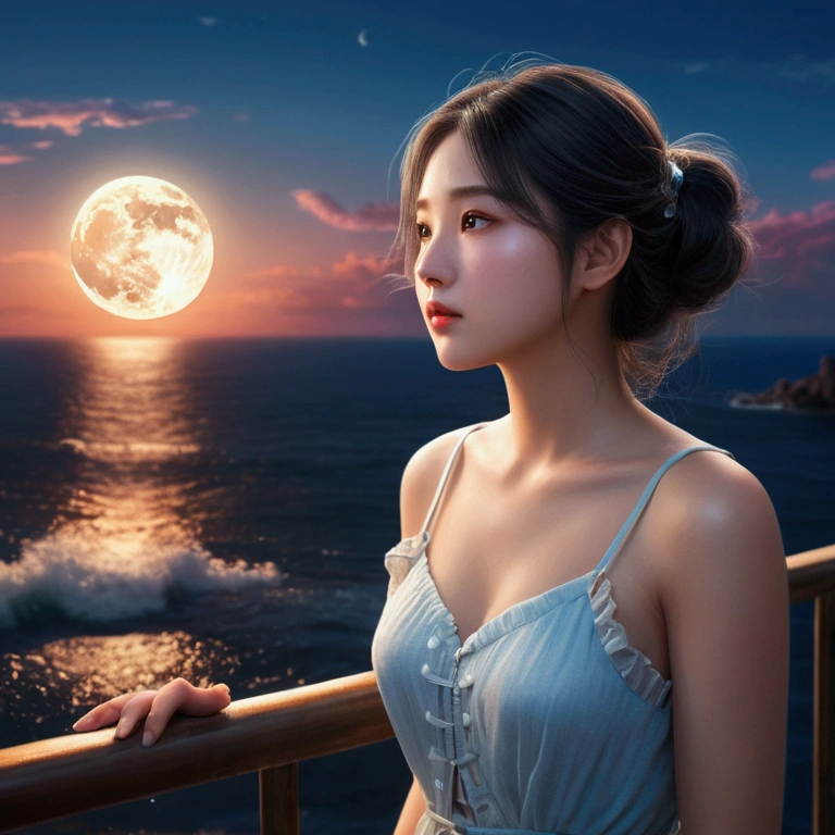 Illustration of a girl holding the moon and gazing at the sea, have a fantastical, dreamlike quality, Mori style, exposed for a long time, Calm face, How to use romantic light, Bright Water, Transcendental art as style. (Highest quality,4K,8k,High resolution,masterpiece:1.2),Very detailed,(Realistic,photoRealistic,photo-Realistic:1.37),High resolution,超High resolution,Studio Lighting,Ultra-fine painting,Sharp focus,Physically Based Rendering,Very detailed説明,Professional,Vibrant colors,Bokeh,Portraiture,landscape,Horror,anime,sf,photograph,Concept Artist,soft and dreamy colors,Romantic lighting