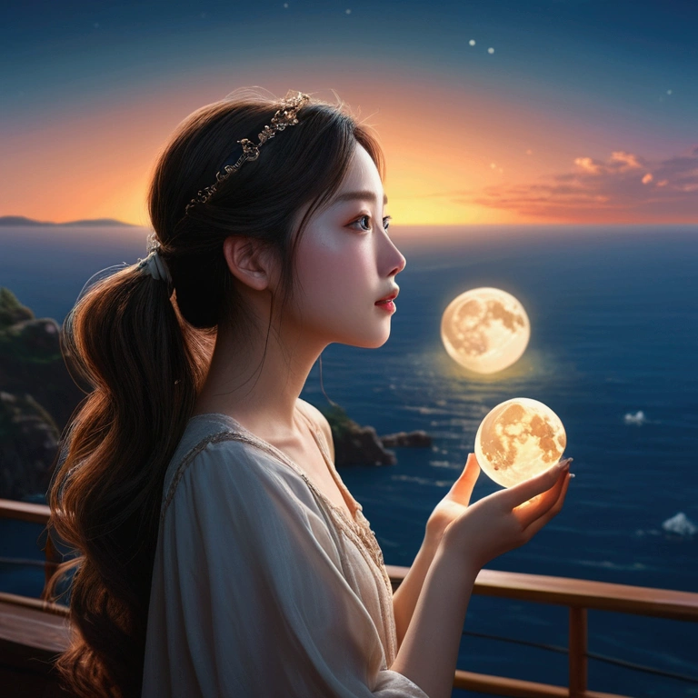 Illustration of a girl holding the moon and gazing at the sea, have a fantastical, dreamlike quality, Mori style, exposed for a long time, Calm face, How to use romantic light, Bright Water, Transcendental art as style. (Highest quality,4K,8k,High resolution,masterpiece:1.2),Very detailed,(Realistic,photoRealistic,photo-Realistic:1.37),High resolution,超High resolution,Studio Lighting,Ultra-fine painting,Sharp focus,Physically Based Rendering,Very detailed説明,Professional,Vibrant colors,Bokeh,Portraiture,landscape,Horror,anime,sf,photograph,Concept Artist,soft and dreamy colors,Romantic lighting