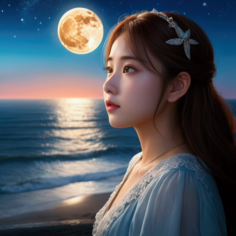 Illustration of a girl holding the moon and gazing at the sea, have a fantastical, dreamlike quality, Mori style, exposed for a long time, Calm face, How to use romantic light, Bright Water, Transcendental art as style. (Highest quality,4K,8k,High resolution,masterpiece:1.2),Very detailed,(Realistic,photoRealistic,photo-Realistic:1.37),High resolution,超High resolution,Studio Lighting,Ultra-fine painting,Sharp focus,Physically Based Rendering,Very detailed説明,Professional,Vibrant colors,Bokeh,Portraiture,landscape,Horror,anime,sf,photograph,Concept Artist,soft and dreamy colors,Romantic lighting