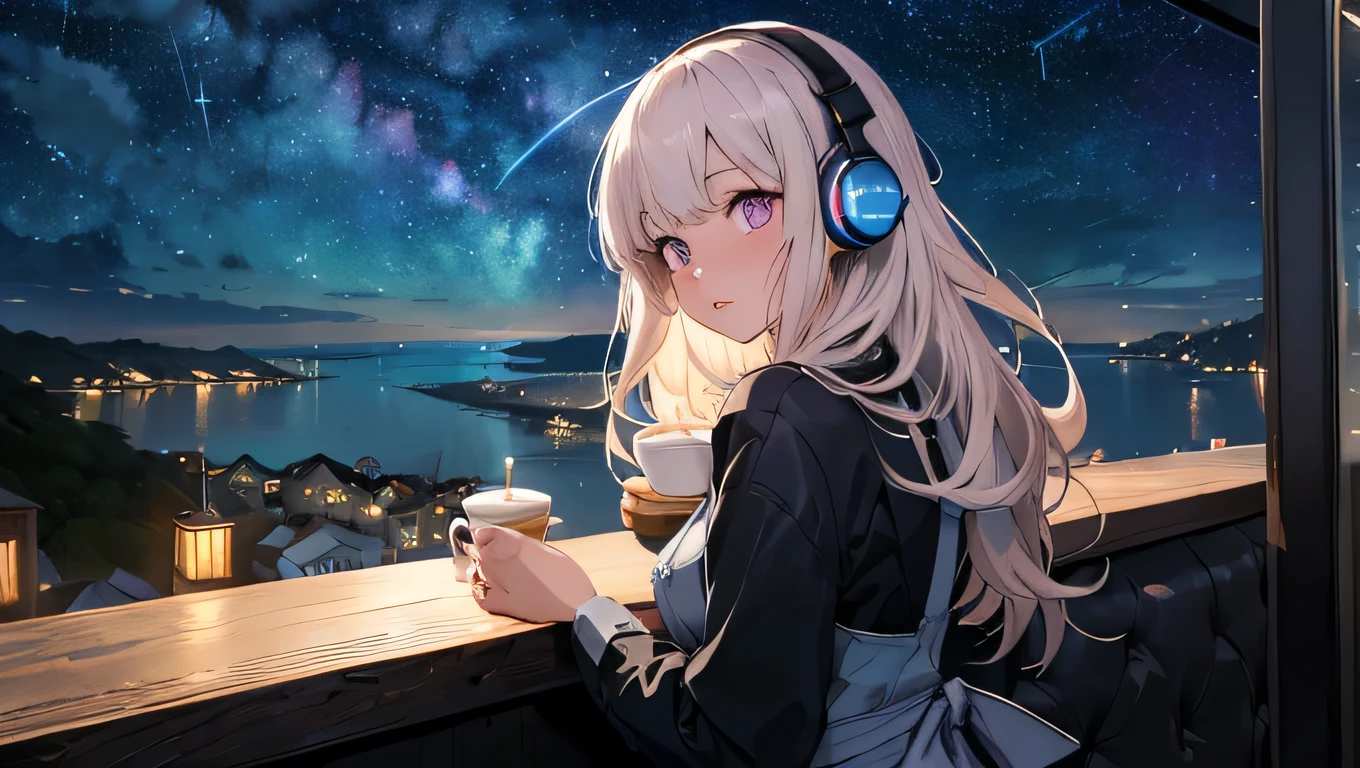 Anime style with early 80's city pop culture vibe, Atmosphere at Studio Ghibli, Cyberpunk City, cute, Wear headphones, Long sleeve. Hair blowing in the wind, CG, Unity, Highest quality, masterpiece, Best lighting, Intricate weaving,Emo Background, Detailed Background, (Starry Sky: 1.5), (night: 1.5), (Cafe: 1.5) (A hilltop overlooking the vast ocean: 1.5), beautiful woman, purple Long Hair, purple eyes, White skin, Rear view looking up at the sky , a bit far, beautiful