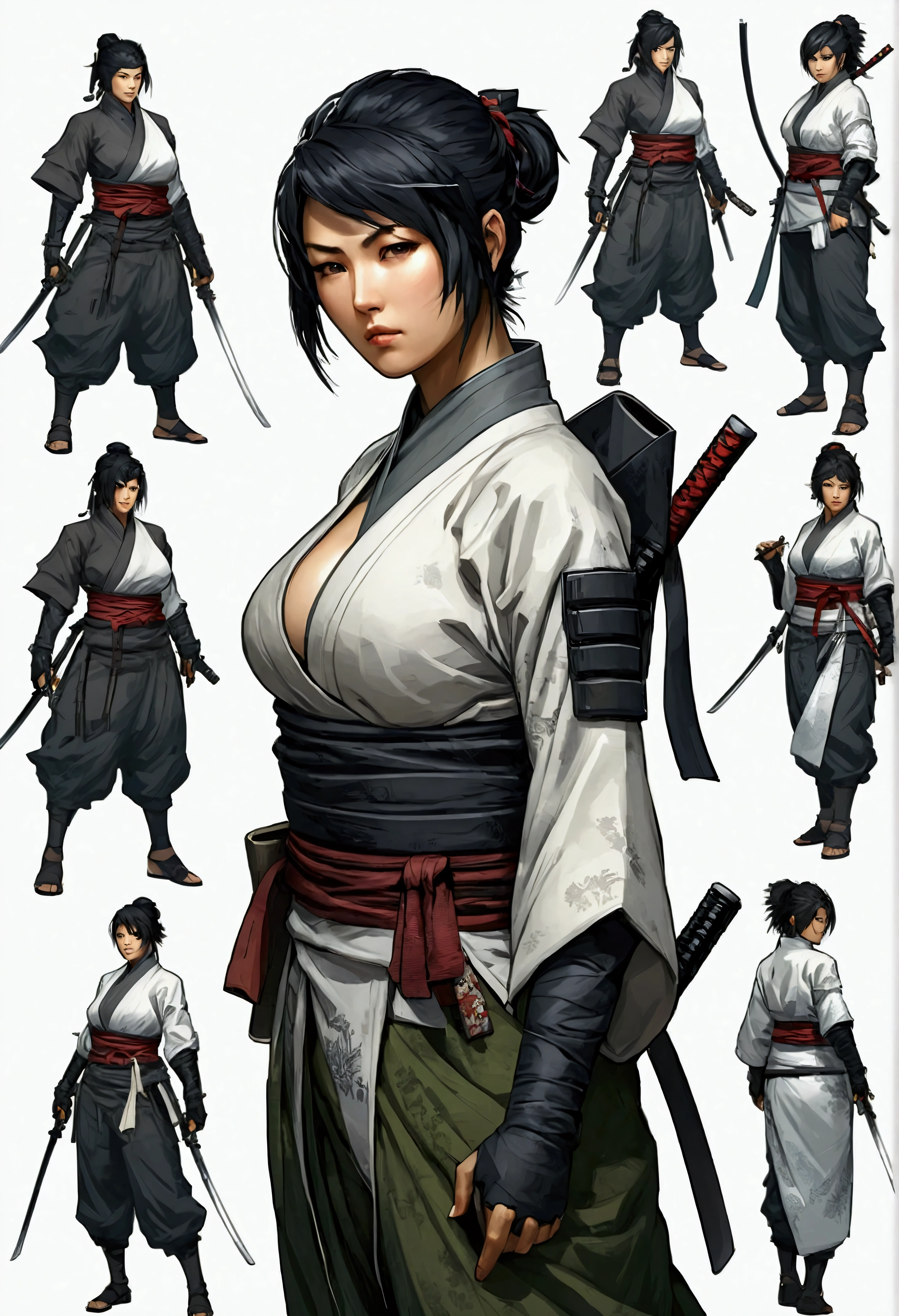 Female ninja、Short detailed hair、Japanese、Black Hair、Large Breasts、Beautiful girl、Multiple Concept Designs、Concept design sheet、White background、Yoji Shinkawa style、16-bit pixel art --s 750 --niji 5