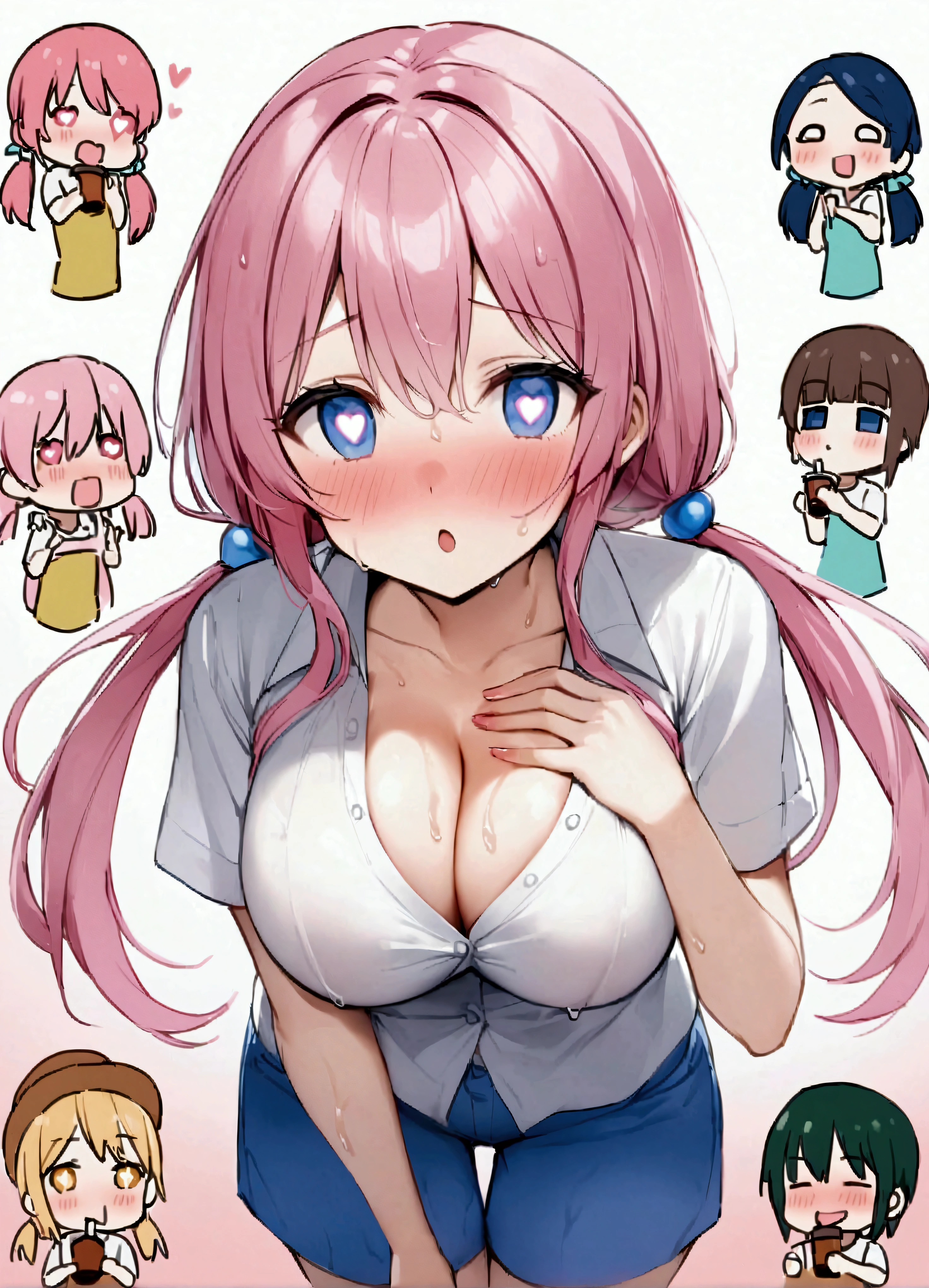 score_9、score_8_up、score_7_up、score_6_up、source_アニメ、garden、（Proud）、defwhitney、Pink Hair、Low Twintails、hair ornaments、White shirt、Short sleeve、Blue shorts、（Large Breasts）、Cleavage、Hold your chest、Staring at the audience、Bubble Tea Challenge、、Goblet of Semen、Expressive、Drink through a straw、Hearts in eyes、Blush with joy、Wet