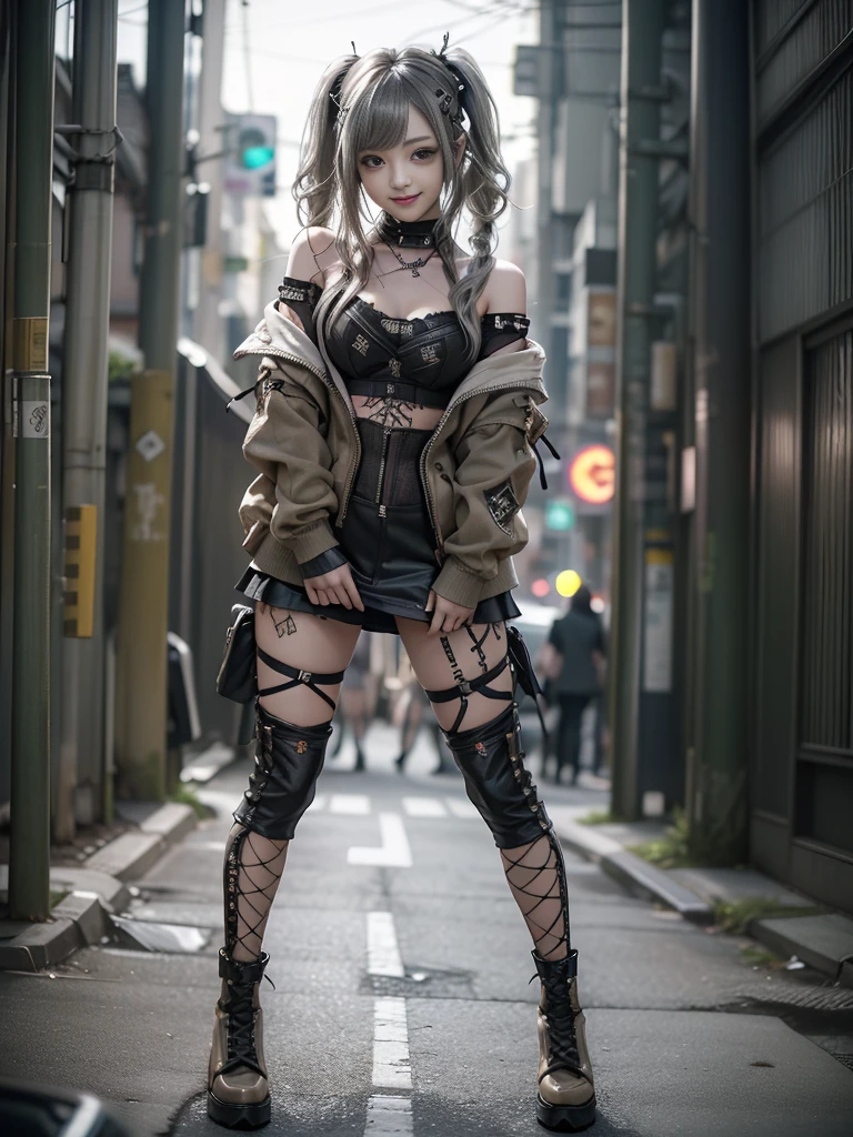 (Full Body View:1.2)、(Smiling with teeth showing:1.3),(Shibuya Gal:1.5)、(Beautiful gravure model:1.5)、(Neo-goth fashion:1.5)、(Punk RockVisual Kei:1.5)、(An off-the-shoulder hoodie in khaki and charcoal with delicate silver accessories.:1.5)、(A corset with a delicate beige and brown design:1.4)、(Olive and brown snakeskin bodysuit:1.5)、(head band:1.3)、(Beige and charcoal knee socks:1.4)、Embellished collar and long boots、(I&#39;m selling snake print underwear.:1.4)、(Long eyelashes:1.3)、(20-year-old)、((Highest quality、8k、masterpiece:1.3))、1 Female、Slim and beautiful abs:1.3、(hairstyle casual、Beautiful boobs:1.1)、(Doing an aerobics pose:1.3)、dress:1.1、Super small face、Narrow eyes、double eyelid、A sloppy smile、Esbian all over body、Dynamic Angle、Close-up、CPL Filter、Blurred Background、Bokeh、Blue Hour、Detailed face and skin texture、Detailed eyes、,(Twin tails:1.3)、(Black brown hair:1.3)、Gravure idol、(The background is a glamorous dance hall:1.3)、(Make your legs thinner:1.4)、(Slim Body:1.3)、(clavicle:1.1)
