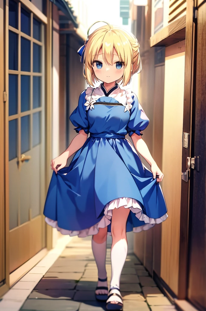 anime girl with blonde hair and blue dress standing  on floor,  in dress, , anime goddess, cute anime waifu in a nice dress, artoria pendragon, rei hiroe, anime moe artstyle, anime best girl, [[[[grinning evily]]]], from touhou, shirabii, anime princess