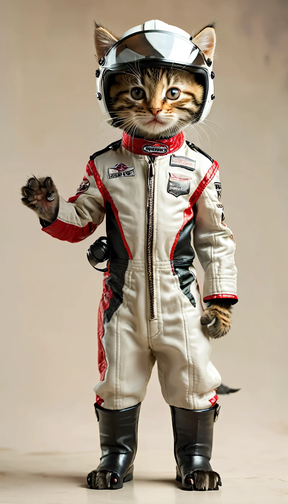 Kitten dressed as a racing driver Full Body Shot Looking straight at the camera Standing