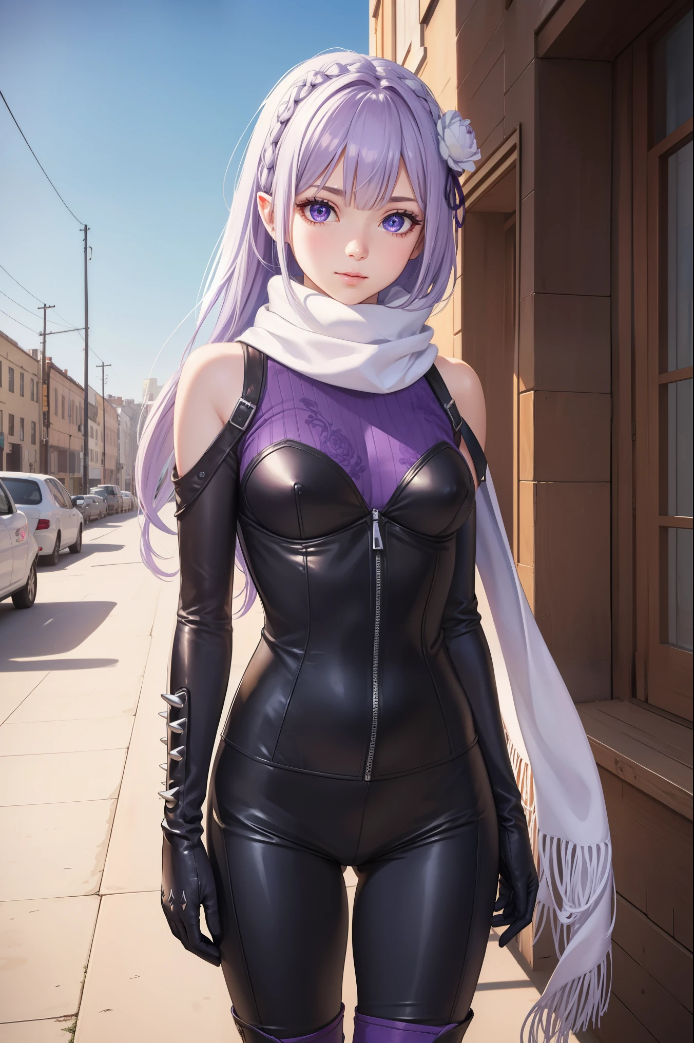 rezeroemilia, emilia, braid, crown braid, flower, hair flower, hair ornament, hair ribbon, long hair, low-tied long hair, (purple eyes:1.2), pointy ears, white flower, x hair ornament, seductive smile,
BREAK (biker clothes, bodysuit, gloves, knee boots, scarf, shoulder spikes, spikes:1.2),
BREAK outdoors, city,
BREAK looking at viewer, (cowboy shot:1.5),
BREAK (masterpiece:1.2), best quality, high resolution, unity 8k wallpaper, (illustration:0.8), (beautiful detailed eyes:1.6), extremely detailed face, perfect lighting, extremely detailed CG, (perfect hands, perfect anatomy),
