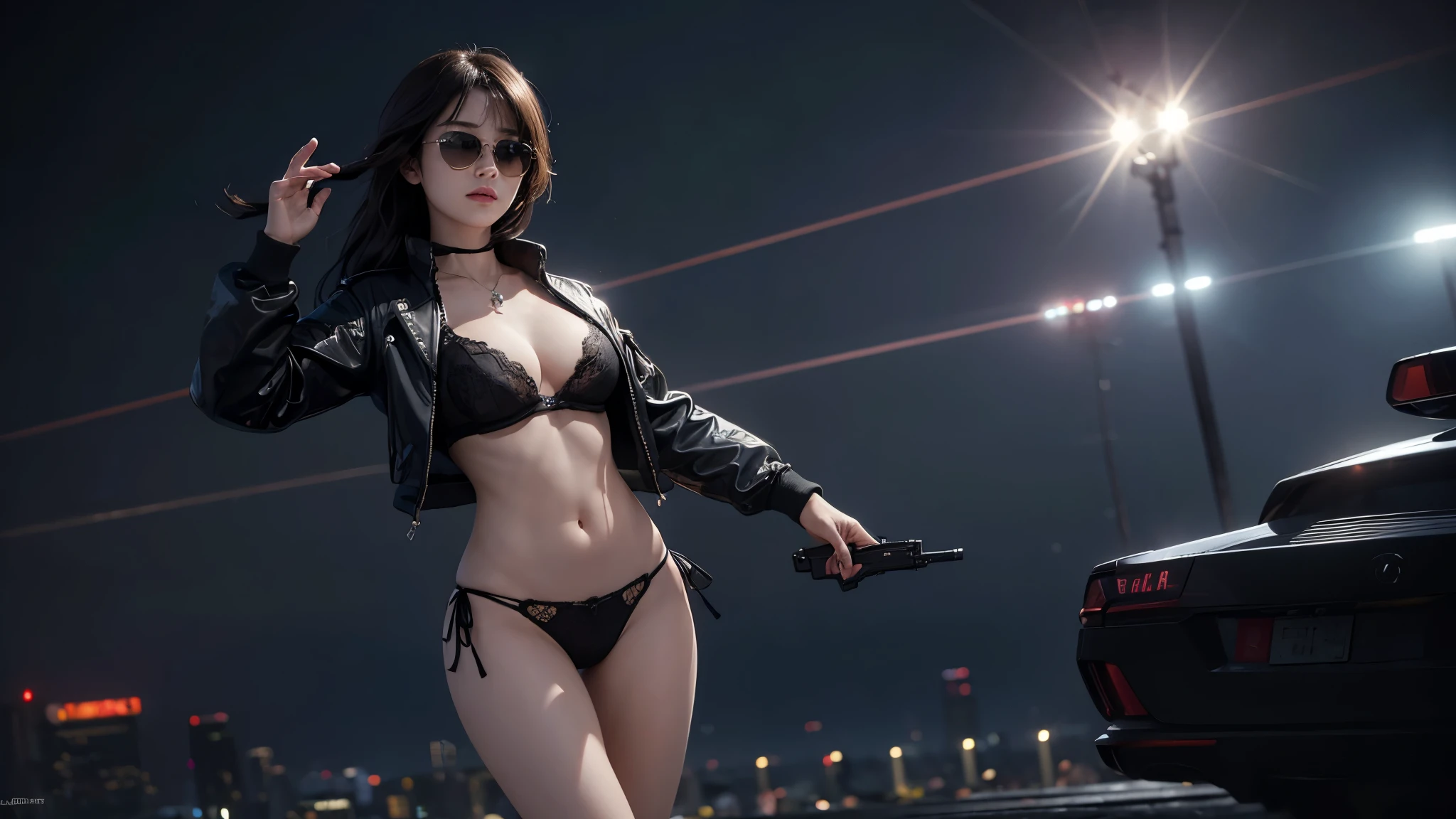 (((Masterpiece))), best quality, ultra-detailed CG unity 8k wallpaper, cyber city, tokyo, big future city at night. (1girl, solo, alone), large-breast:1.3 slim:0.7 body, long:0.4 hair, cleavage:1.1, sexy micro:0.3 laced lingerie with short:0.6 jacket, pubic hair, (black sunglasses), ((she raised a pistol:1.8 and shot the viewer)), running pose, ((half-body thigh:0.95 level medium shot)), cinematic lighting, lens flare, ray tracing.