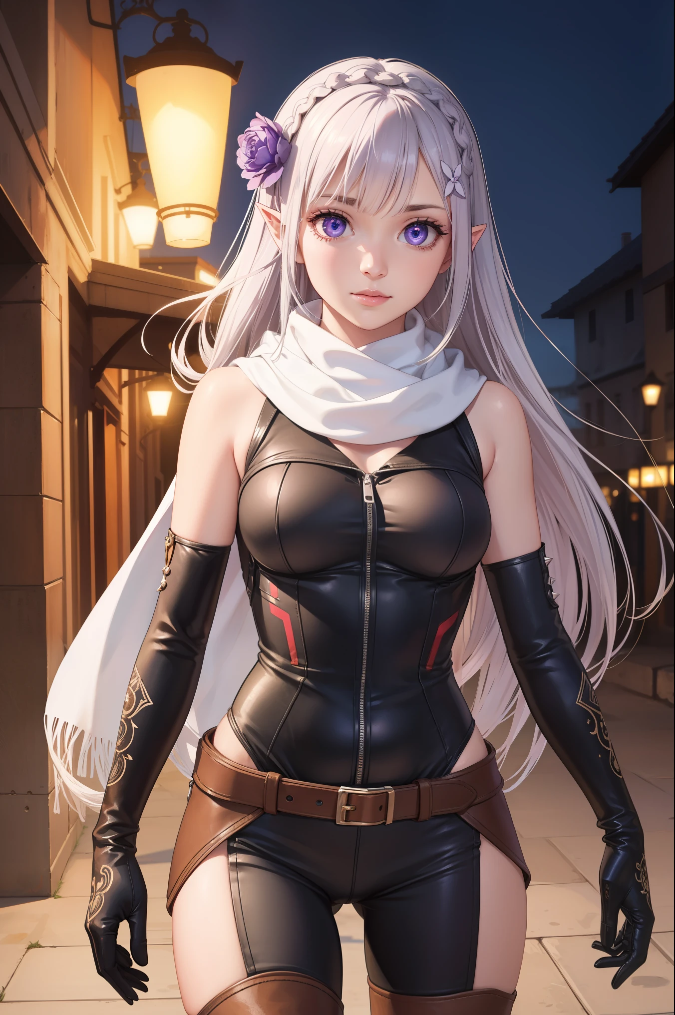 rezeroemilia, emilia, braid, crown braid, flower, hair flower, hair ornament, hair ribbon, long hair, low-tied long hair, (purple eyes:1.2), pointy ears, white flower, x hair ornament, seductive smile,
BREAK (biker clothes, bodysuit, gloves, knee boots, scarf, shoulder spikes, spikes:1.2),
BREAK outdoors, city,
BREAK looking at viewer, (cowboy shot:1.5),
BREAK (masterpiece:1.2), best quality, high resolution, unity 8k wallpaper, (illustration:0.8), (beautiful detailed eyes:1.6), extremely detailed face, perfect lighting, extremely detailed CG, (perfect hands, perfect anatomy),