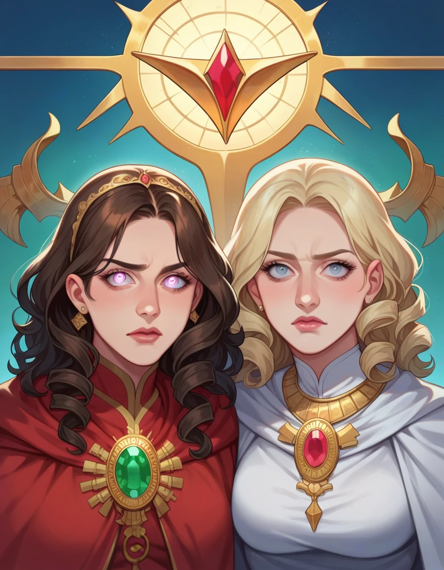 (masterpiece, Highest quality:1.2), Two Girls, Two women together, (Showdown), (View your viewers), gem, nice, wonderful, Gorgeous, noble, Noble, arrogant, (Golden), goddess, Queen, Curly Hair, amount, Mature Woman, embroidery, White satin dress with gloves and cape, Glowing Skin, Detailed pupil, Perfect Eyes, (((Face Focus))), Simple Background, Highest quality, High resolution, It's all complicated,