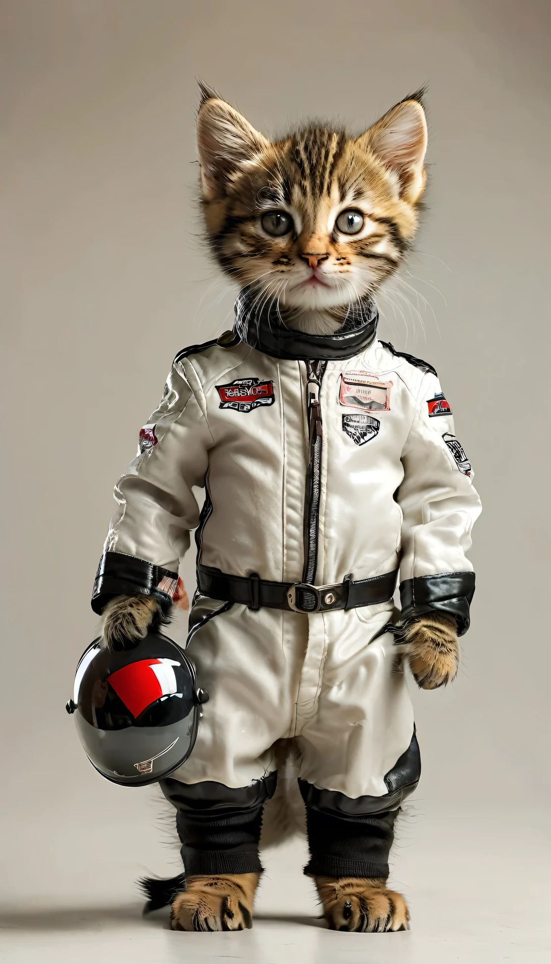 Kitten dressed as a racing driver Full Body Shot Looking straight at the camera Standing