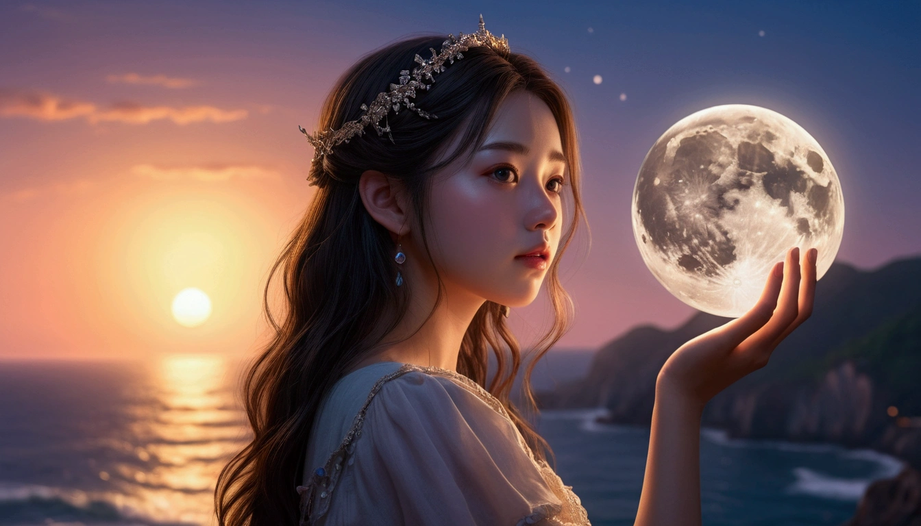 Illustration of a girl holding the moon and gazing at the sea, have a fantastical, dreamlike quality, Mori style, exposed for a long time, Calm face, How to use romantic light, Bright Water, Transcendental art as style. (Highest quality,4K,8k,High resolution,masterpiece:1.2),Very detailed,(Realistic,photoRealistic,photo-Realistic:1.37),High resolution,超High resolution,Studio Lighting,Ultra-fine painting,Sharp focus,Physically Based Rendering,Very detailed説明,Professional,Vibrant colors,Bokeh,Portraiture,landscape,Horror,anime,sf,photograph,Concept Artist,soft and dreamy colors,Romantic lighting