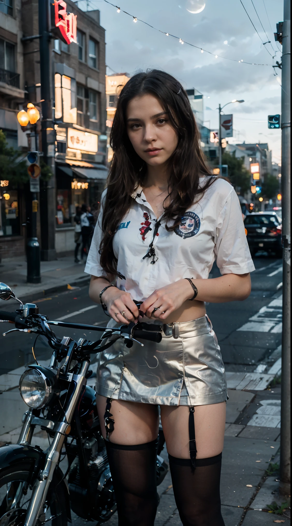 -yeld Wa Sexy School girl posando na frente de uma motocicleta futurista, the motorcycle has skulls and blue flames highly detailed 3D graphics, night scenery with full moon in the background, she is wearing a  White SchoolUniform with 3D skulls and flames and Sailor Miniskirt, Pantyhose, HDR, epic realism, high-octane rendering, obra de arte,