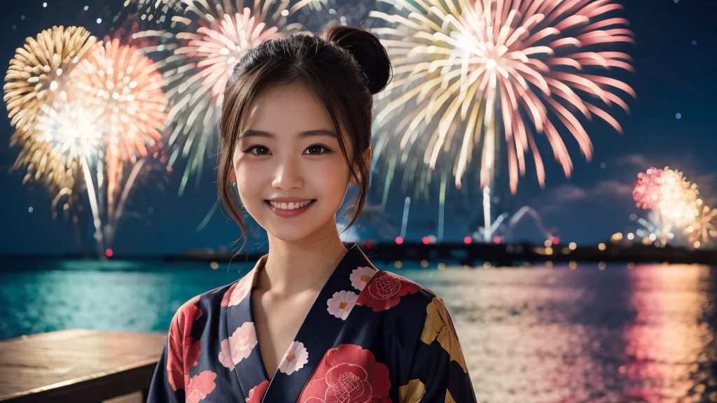 kawaii, (1girl), (happy smile:1.2), (yukata), Ponytail, (Best Quality:1.4), Realistic, extremely detailed CG unified 8k wallpaper, highly detailed, High-definition raw color photos, professional photography, Realistic portrait, Beautiful detailed, Close up portrait of girl, Outdoors, Beautiful scenery, beach, (The night sky, fireworks, beautiful fireworks spreading across the sky:1.4), so beautiful, upper body photos, amazingly beautiful sight, A wonderful, (Fine face:1.2),