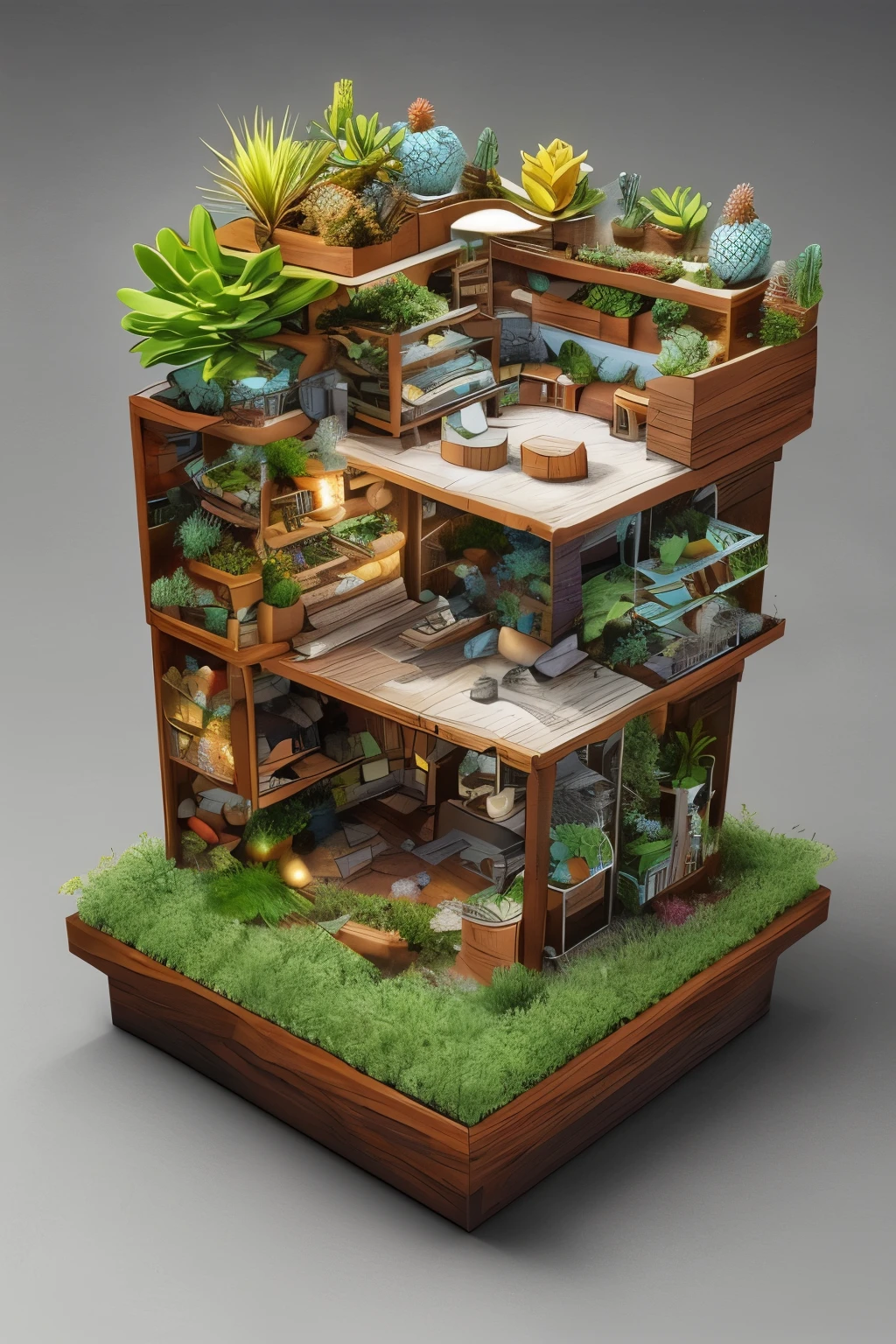 DUSKAMETRIC15, MICROWORLD, isometric view, microworld view of greenhouse and succulents and agaves and air plants, artstation, 8k, octane render, vibrant colors, trending on deviantart