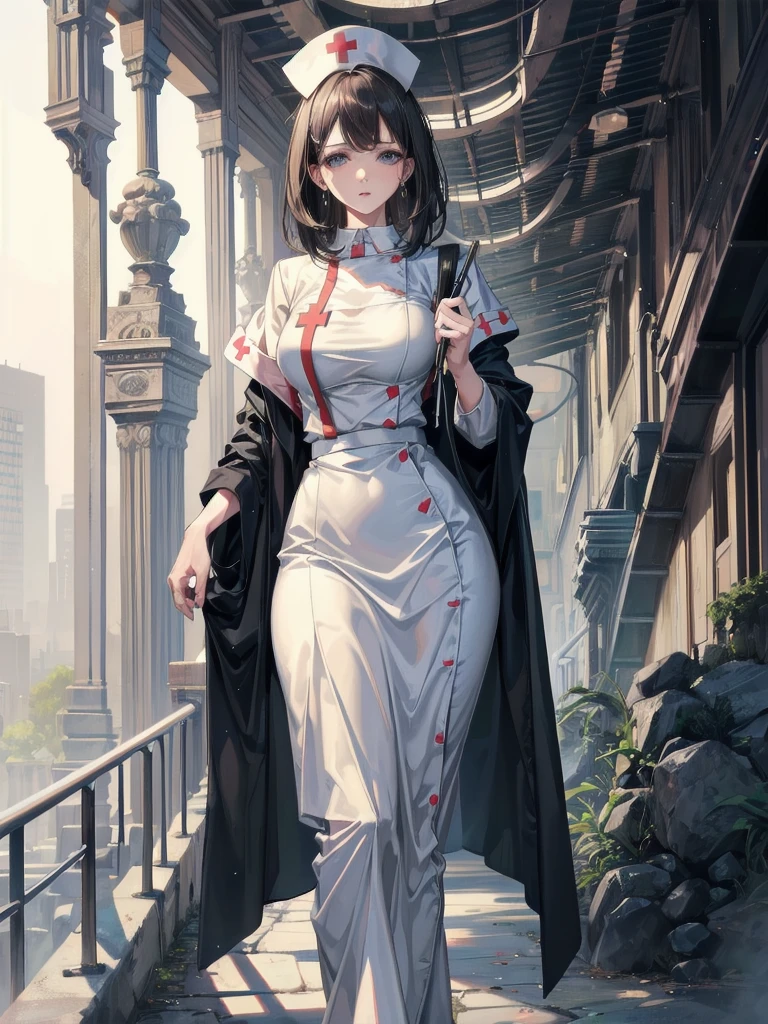 (nurse uniform:1.2), absurdres, RAW photo, extremely delicate and beautiful, masterpiece, Best Quality, ultra high resolution, 32k, hyperrealistic, ultra-detailed, perfect anatomy, anatomically correct, perfect figure, Perfect Style, Perfect balance, super Detailed skin, in her 30s, very Slim body, narrow waist, very small head, very small face, delicate facial features, handsome detailed woman, very detailed eyes and face, realistic face proportions, Realistic beautiful face, Realistic beautiful eyes, tearful mole, earring, huge round tits, whole body shot, medium hair, outdoor, hospital, 