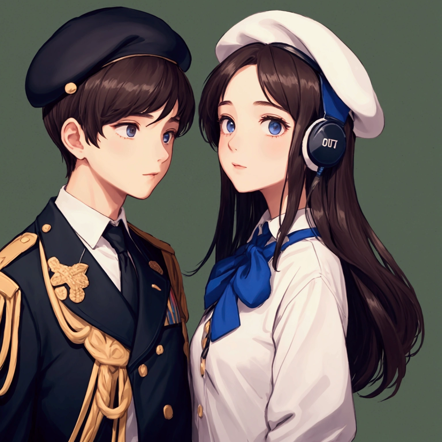 2 people, girl and boy, the girl is wearing headset ,only the boy is wearing beret, only show them from neck to head
