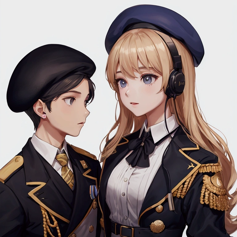 2 people, girl and boy, the girl is wearing headset ,only the boy is wearing beret, only show them from neck to head