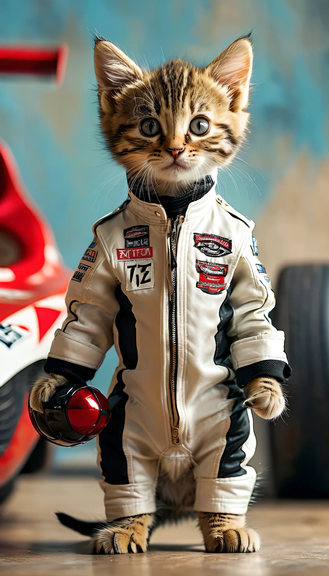 Kitten dressed as a racing driver Full Body Shot Looking straight at the camera Standing、Racing venue