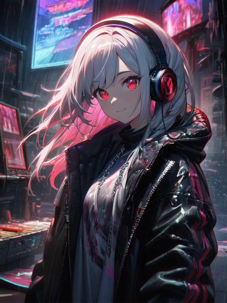 1 girl, chromatic aberration, Written boundary depth, Soft Light, masterpiece, Highest quality, complicated, Tone Mapping, Very detailed, Art Station, Concept Art, Smooth, Clear focus, Dramatic lighting, Very detailed artwork, movie, super practical painting, Art Station's trending, 8k, Incredible Shadows, practical, (Very detailed background:1.0), whole body, View, Viewers, Very detailed portrait of one girl 1, standing on street corner, Heavy rain and lightning、Dark Sky, neon and cyber punk background, she is dressed in punk clothing with silver chains and silver spikes, Her hair was dyed a bright equatorial color...,The central part is also equatorial colored., She wears headphones, Detailed red eyes with clear pupils, Ominous aura of light, smile, punk, ciber punk, Backlight.Her hair is neatly tied up.、Announcer talking about horses'tail、Eye color is brown、Hair is short bob