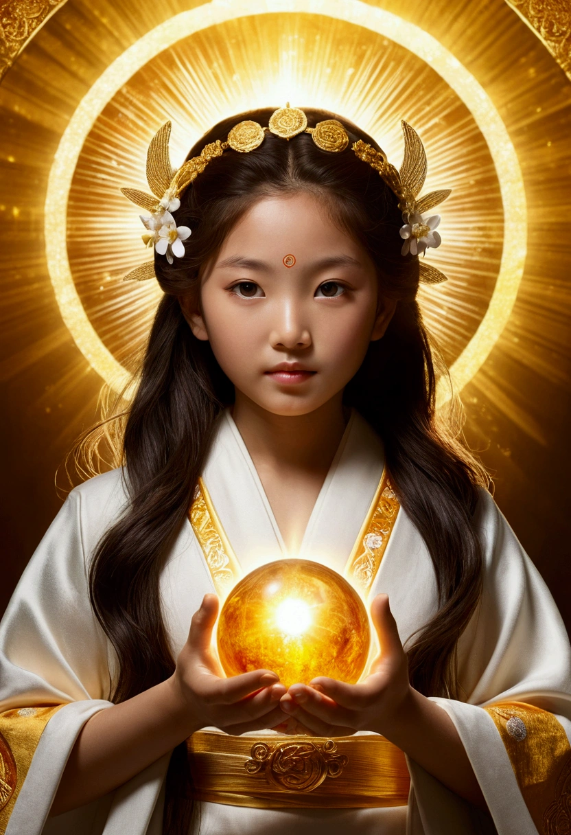 "Child of the Sun, Goddess of Love": Within a sacred sanctuary bathed in sunlight, depict the figure of a sun goddess who governs love, facing forward and emanating divine radiance. She is a , around . Zoom in to focus on her face, with a gleaming orb of light in her hands, representing the life-giving power of the sun. Her hair is shimmering gold, and she is wearing a traditional miko outfit as seen in Japanese shrines. The background should be predominantly gold, evoking a sense of divine splendor, with numerous heart-themed objects expressing the beauty of love. The setting is in heaven, enveloped in soft, bright light, where one can find tranquility and peace of mind, free from any trace of anxiety.Straight-on.