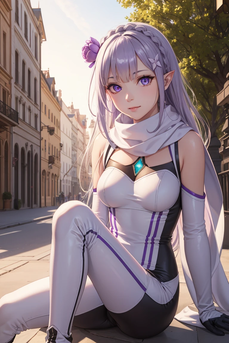 rezeroemilia, emilia, braid, crown braid, flower, hair flower, hair ornament, hair ribbon, long hair, low-tied long hair, (purple eyes:1.2), pointy ears, white flower, x hair ornament, seductive smile,
BREAK (biker clothes, bodysuit, gloves, knee boots, scarf, shoulder spikes, spikes:1.2),
BREAK Looking at viewer,Walk, In the park,
BREAK (masterpiece:1.2), best quality, high resolution, unity 8k wallpaper, (illustration:0.8), (beautiful detailed eyes:1.6), extremely detailed face, perfect lighting, extremely detailed CG, (perfect hands, perfect anatomy),