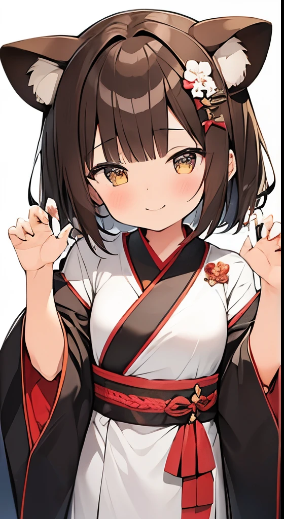 one girls。Cute s。Brown hair, brown raccoon ears。brown short cut, A slight smil。see the beholder。Japan priestess costume。claw pose,sleepy,