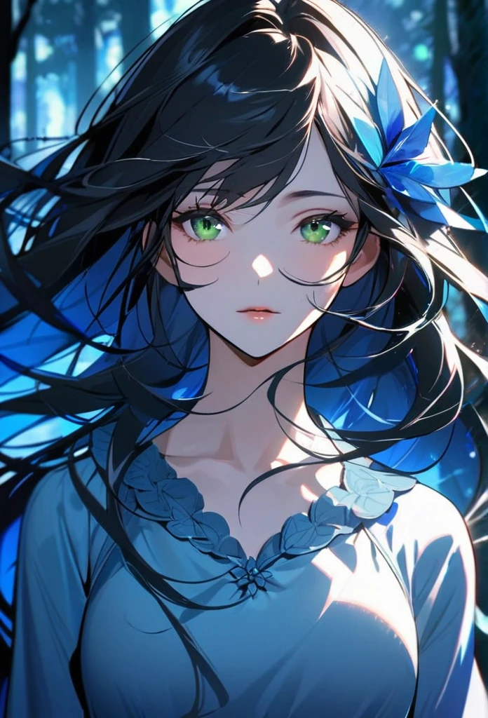 girl, black hair, long hair, green eyes, ,blue hair ornament pretty, blue dress, romantic space, ,Main face, front face,beautiful eyes, sharp skin, mature beauty, hair flying in the wind, highest quality, forest, blue aura