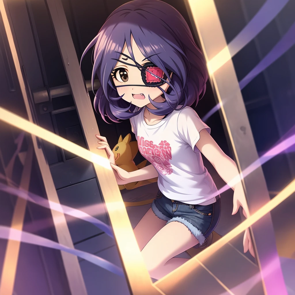 Hayasaka Mirei,purple hair,multicolored hair,fang,brown eyes,short hair,eyepatch,white shirt,Denim shorts,shorts rolled,