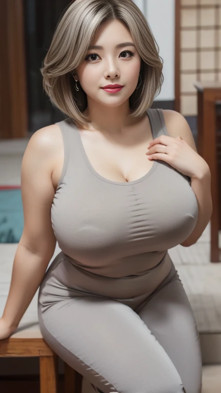 (8K, best quality, masterpiece, Golden Ratio Composition,:1.3, Panoramic view, Full body picture), (40-year-old plump Japanese woman), (90 kg obese body), (Wearing a turtleneck :1.2), (Legs close-up), (Intellectual beauty), (Plump long legs), (Huge breasts), (No upper body exposed), (Cropped pants), (Wear work clothes), Soft face line, Gentle and beautiful, (Silver short hair),